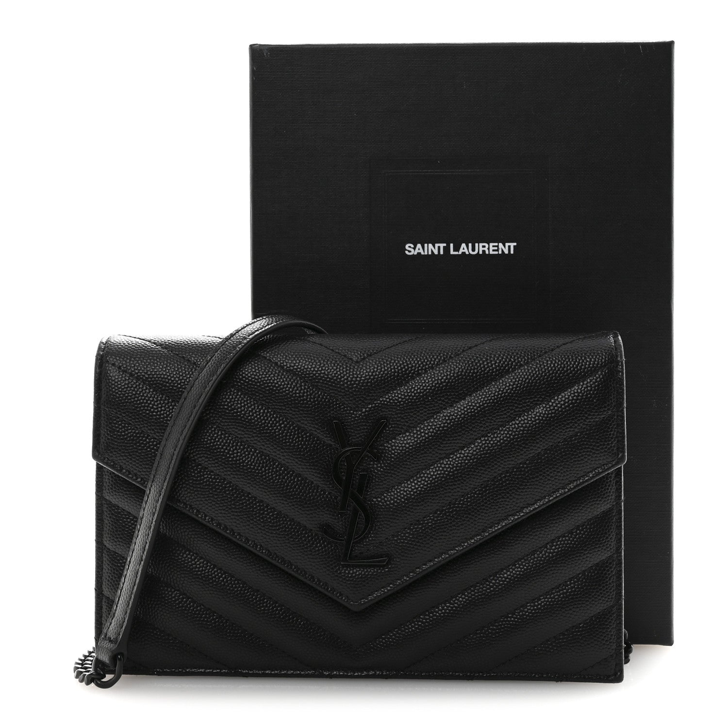 Saint Laurent Grain De Poudre Matelasse Chevron Monogram Monochrome Envelope Chain Wallet Black 16 of 16