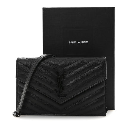 Saint Laurent Grain De Poudre Matelasse Chevron Monogram Monochrome Envelope Chain Wallet Black 16 of 16