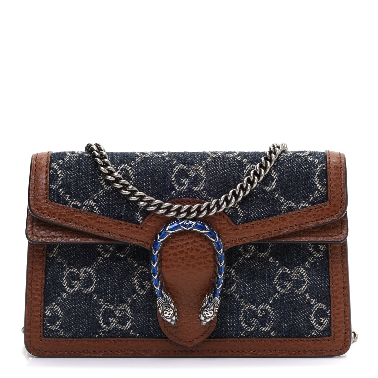 New Denim GG Monogram Dollar Calfskin Enamel Super Mini Dionysus Shoulder Bag Blue Tea Cuir Epilog Electric Blue