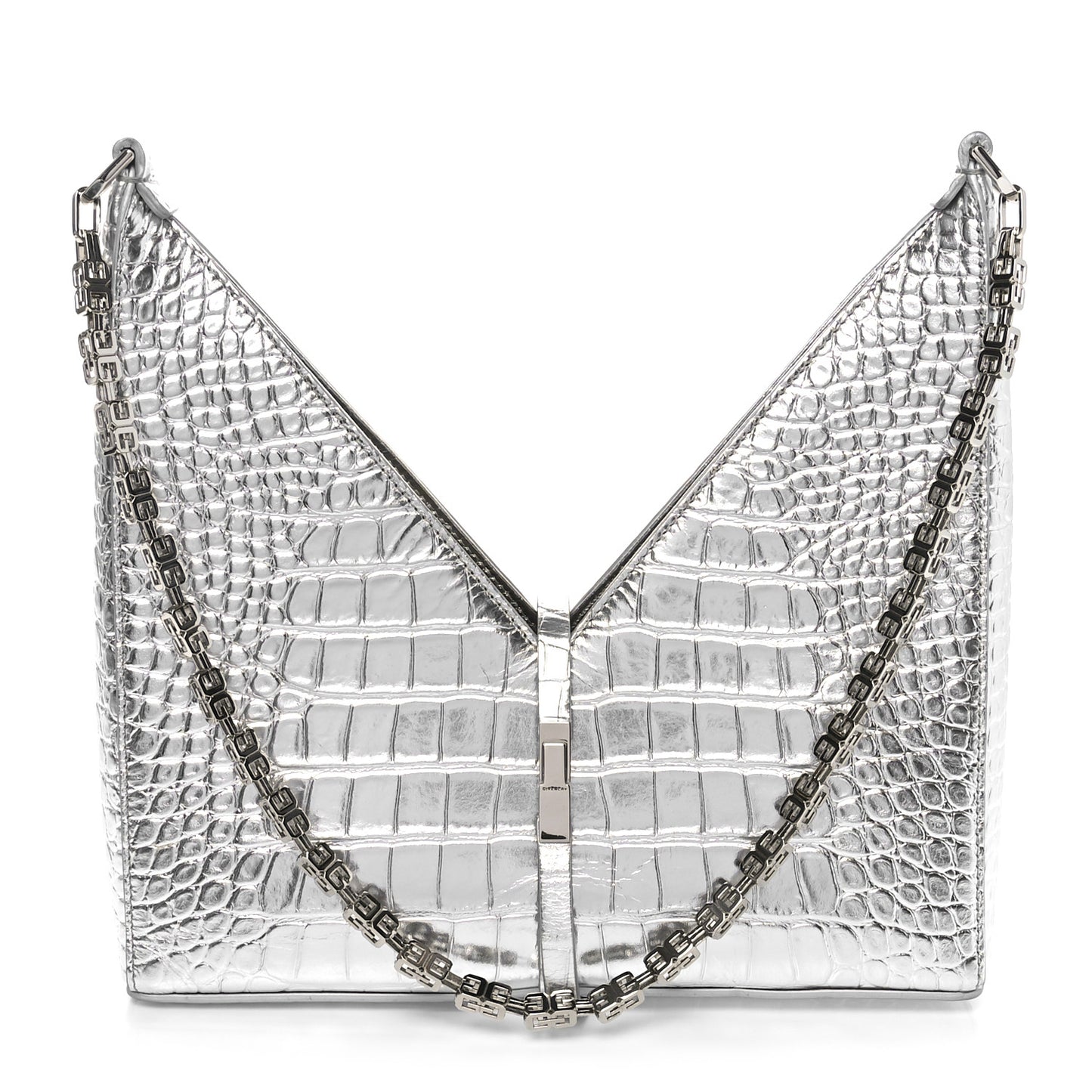 Metallic Calfskin Croc Embossed Small Cut Out Shoulder Bag Silver