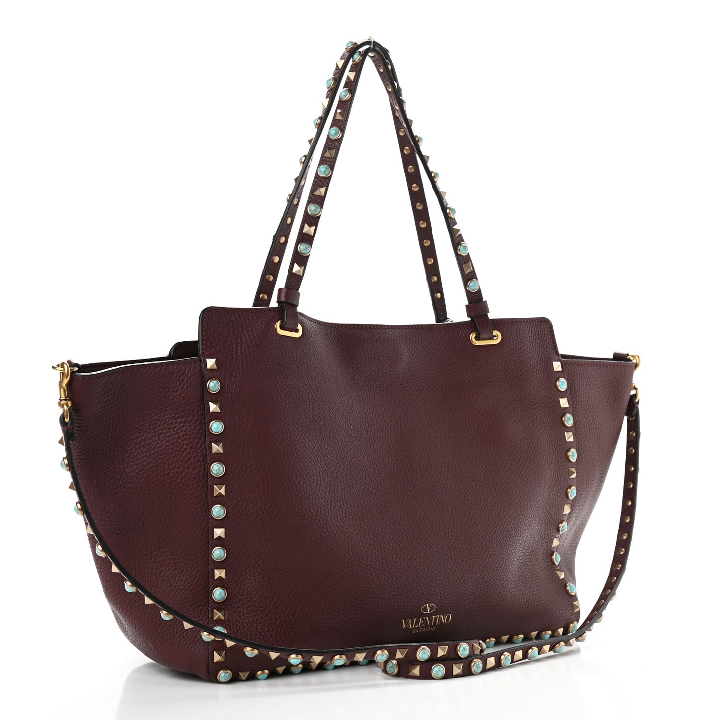 Pebbled Calfskin Turquoise Medium Rockstud Rolling Tote Rubin