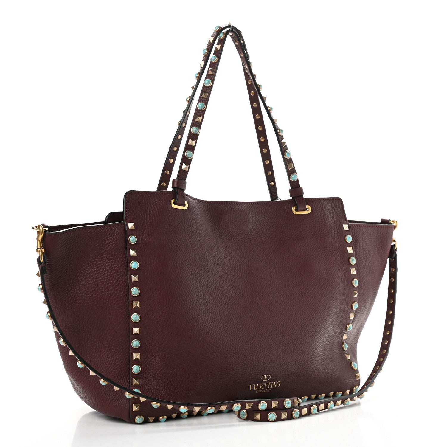 Valentino Garavani Pebbled Calfskin Turquoise Medium Rockstud Rolling Tote Rubin 3 of 10