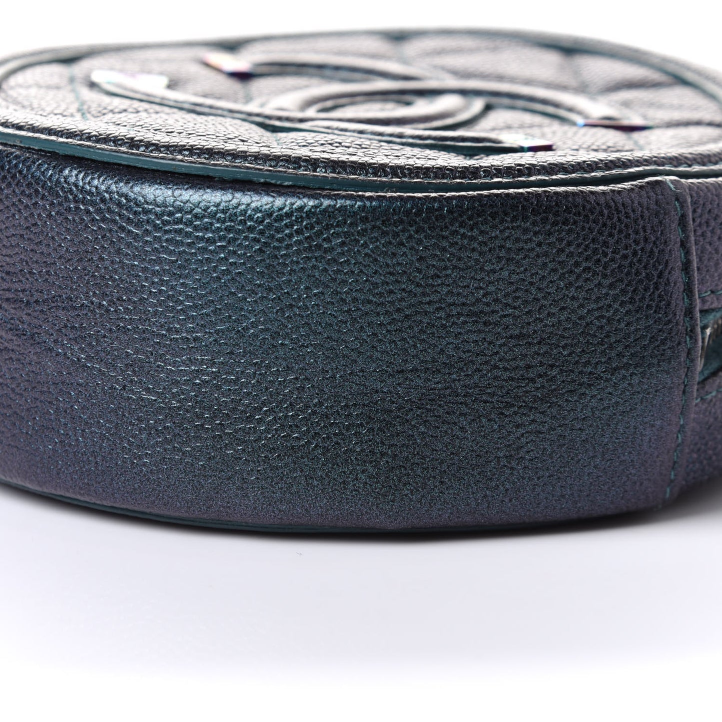 Iridescent Caviar Quilted Round Filigree Crossbody Dark Turquoise