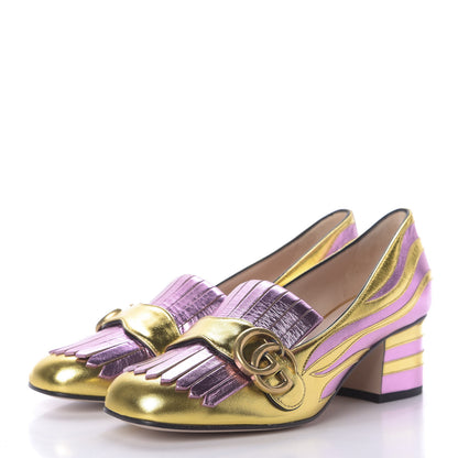 Gucci Metallic Nappa Inlay GG Marmont Fringe 50mm Loafer Pumps 36.5 Oro Vecchio Rosa 3 of 10