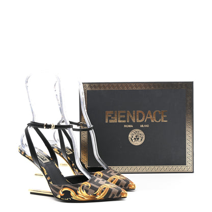 Fendi X VERSACE Silk Calfskin Fendace Fendi First 95mm Slingback Sandals 36 Tobacco Black Gold 9 of 9