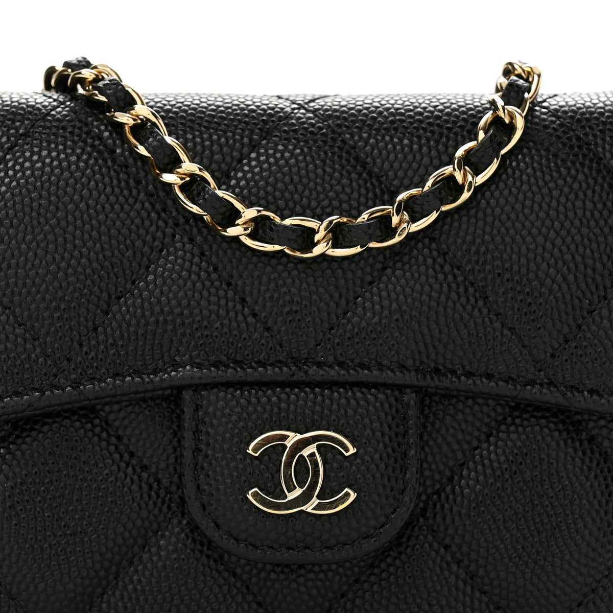 Caviar Quilted Flap Card Holder On Chain Black