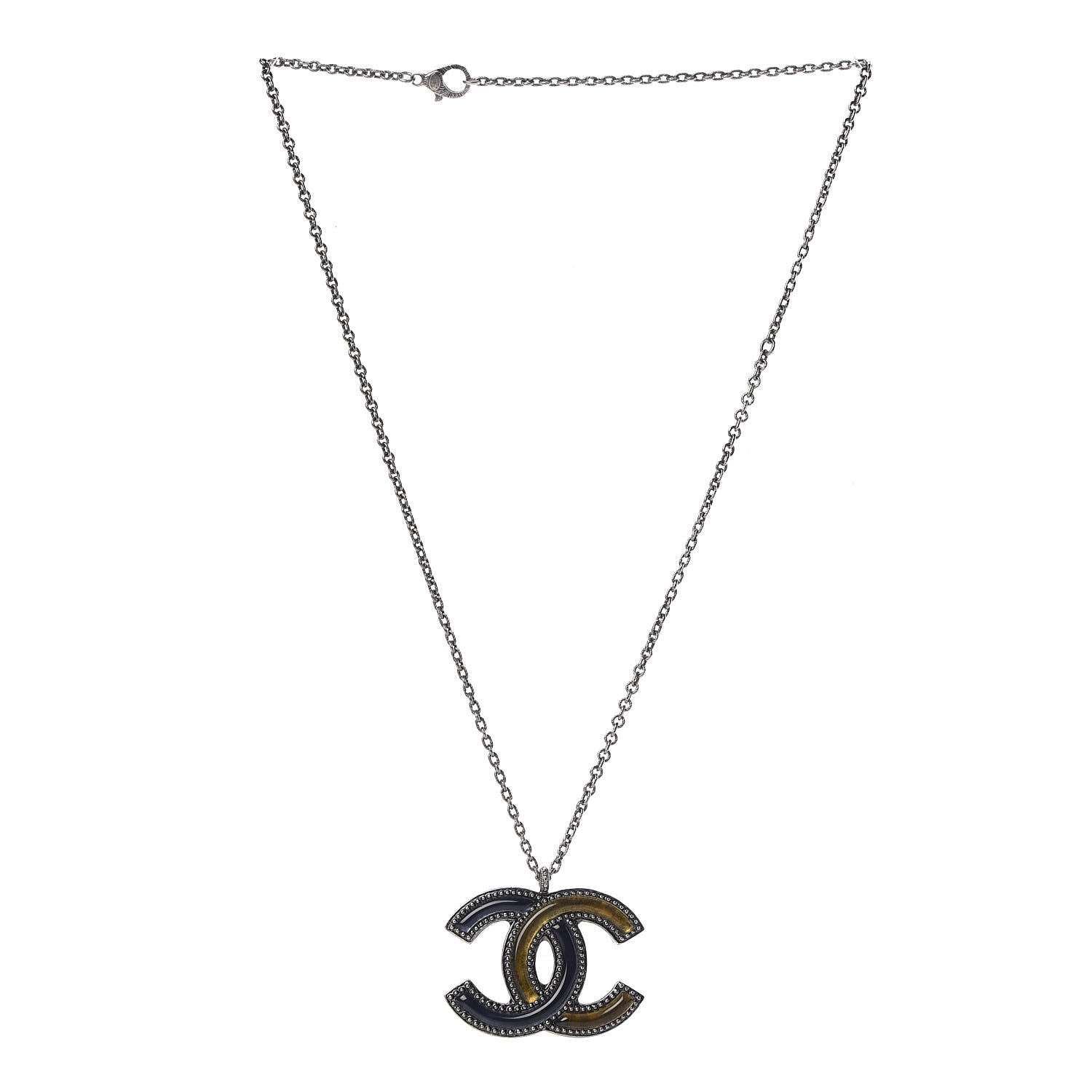 Chanel Ruthenium Enamel CC Pendant Necklace Blue Yellow 4 of 7