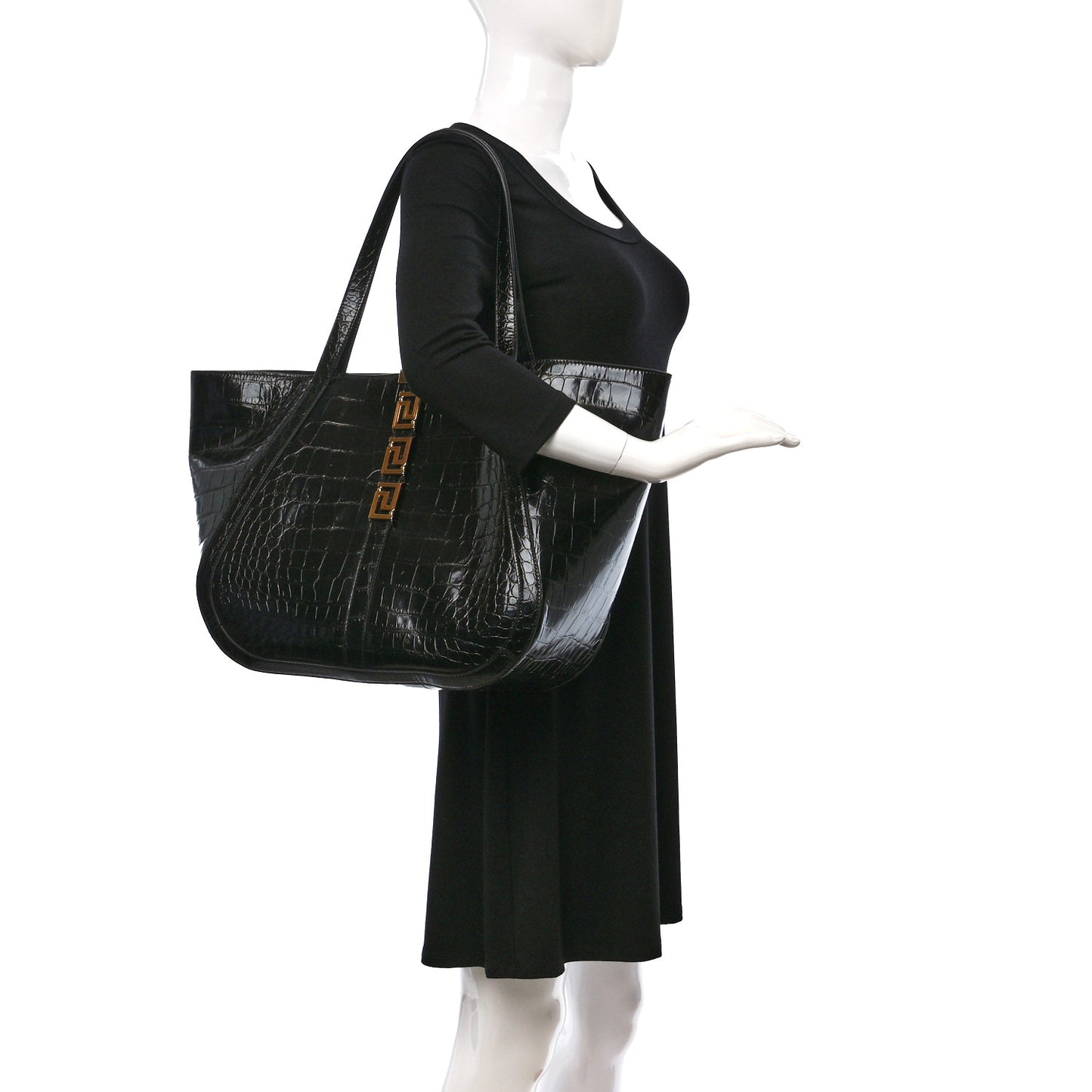 Calfskin Crocodile Embossed Greca Goddess Tote Bag Black