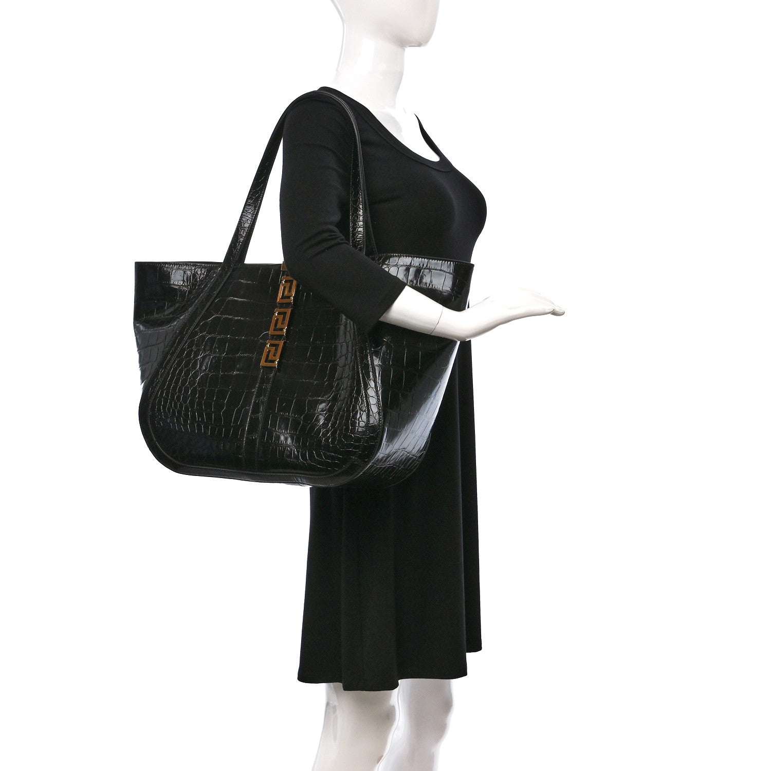 Versace Calfskin Crocodile Embossed Greca Goddess Tote Bag Black 2 of 10
