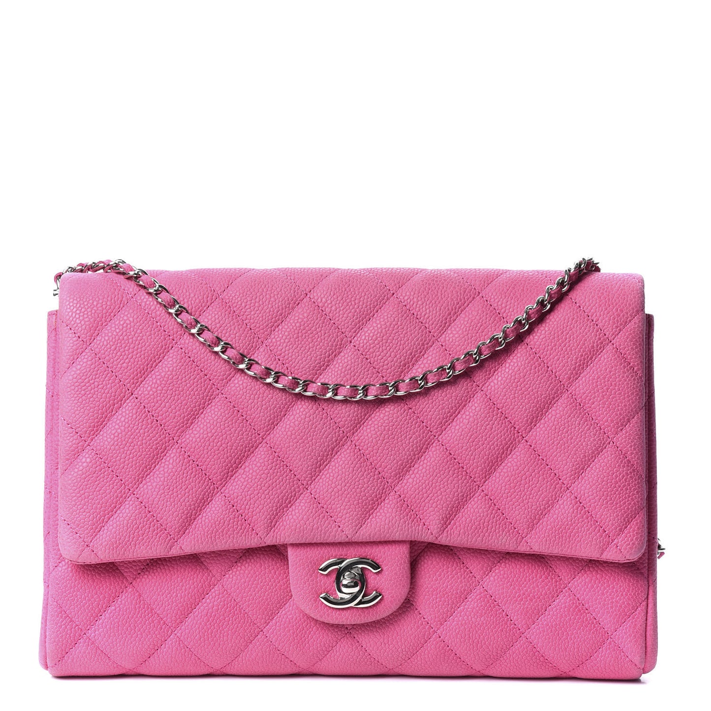 Iridescent Caviar Clutch with Chain Flap Pink