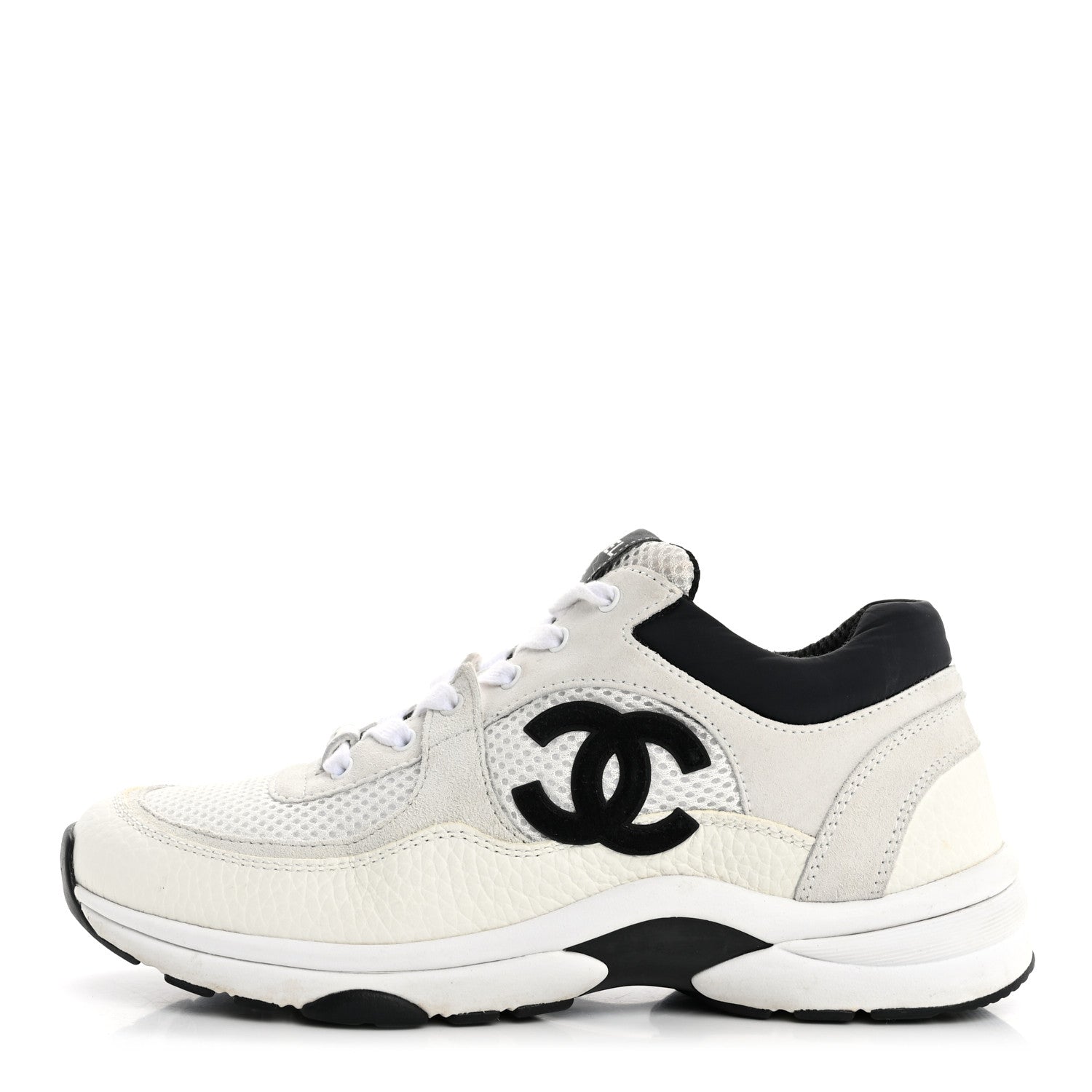 Chanel Mesh Suede Calfskin Grained Calfskin Womens CC Sneakers 38 White Black 1 of 9
