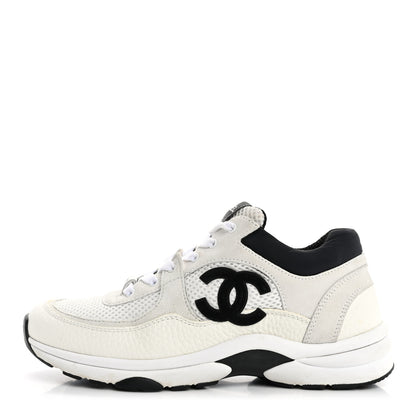 Chanel Mesh Suede Calfskin Grained Calfskin Womens CC Sneakers 38 White Black 1 of 9
