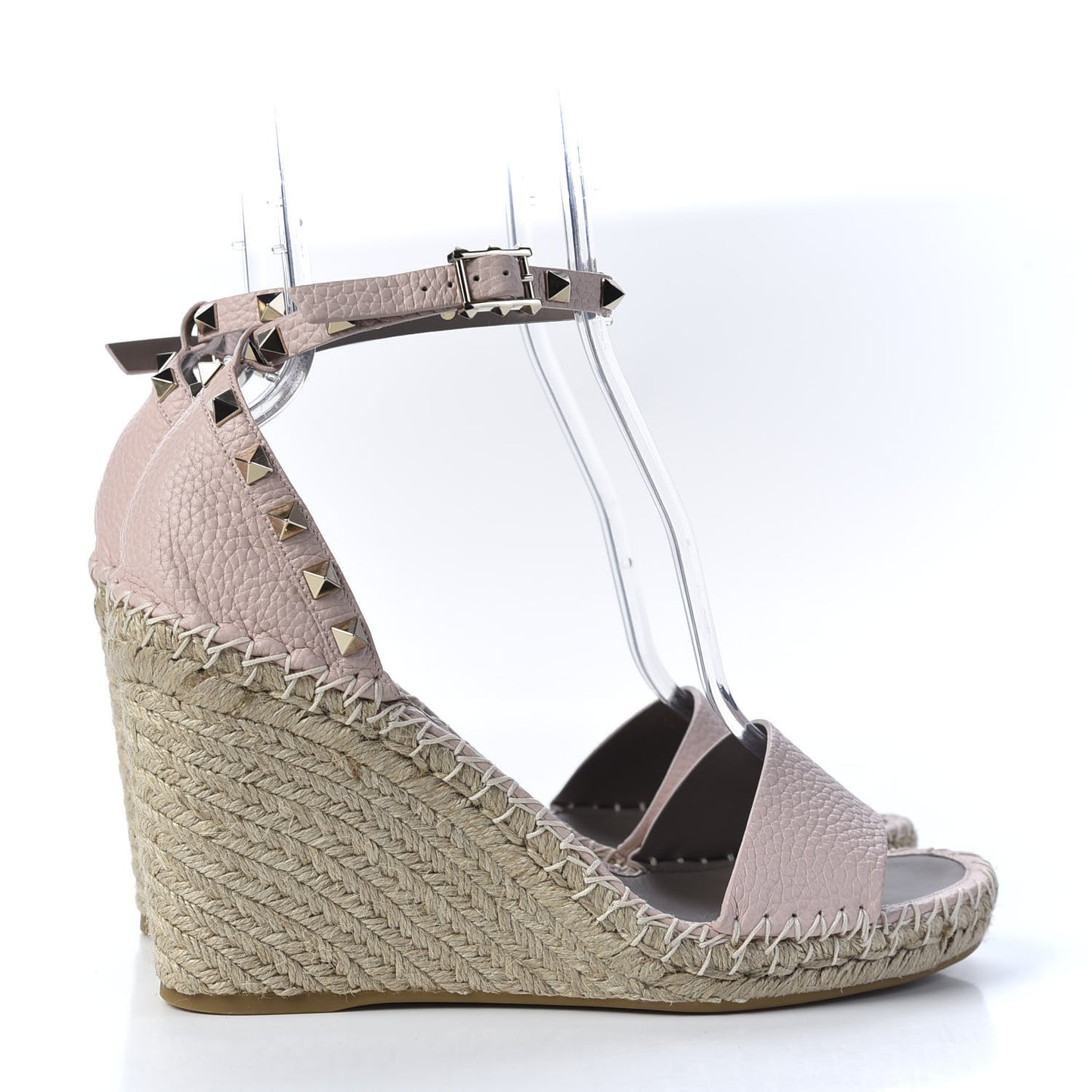 Grained Calfskin Rockstud Ankle Strap Espadrille 15/105mm Wedge Sandals 41 Poudre Natural