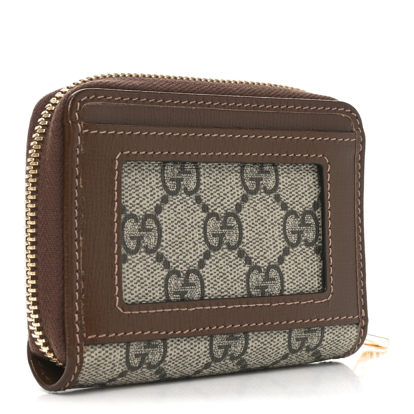 GG Supreme Monogram Azalea Calfskin Horsebit 1955 Zip Around ID Card Case Wallet Beige Ebony Brown Sugar