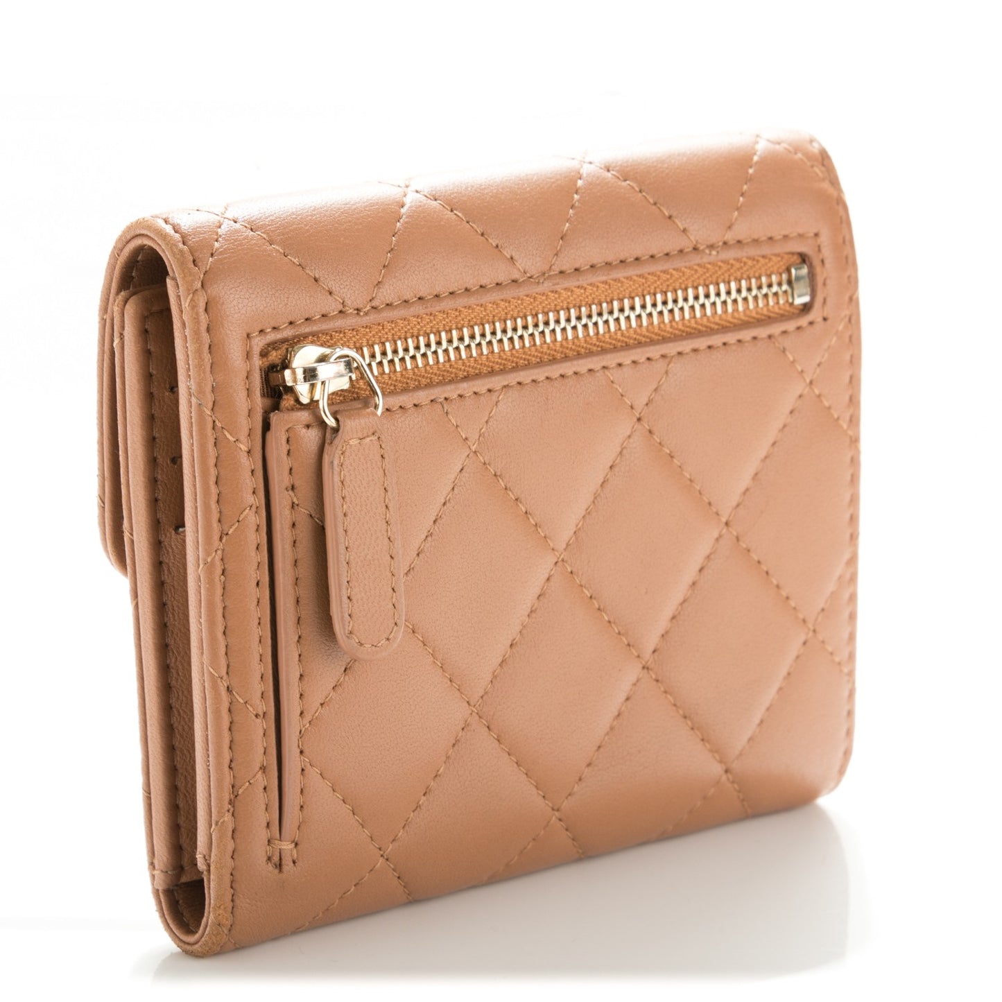 Lambskin Quilted Compact Flap Wallet Dark Beige
