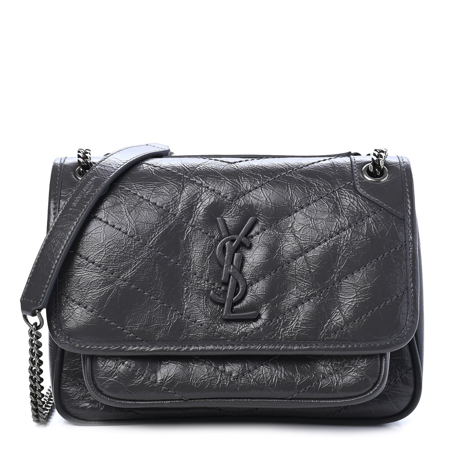Saint Laurent Crinkled Calfskin Matelasse Monogram Baby Niki Chain Satchel Storm 1 of 9