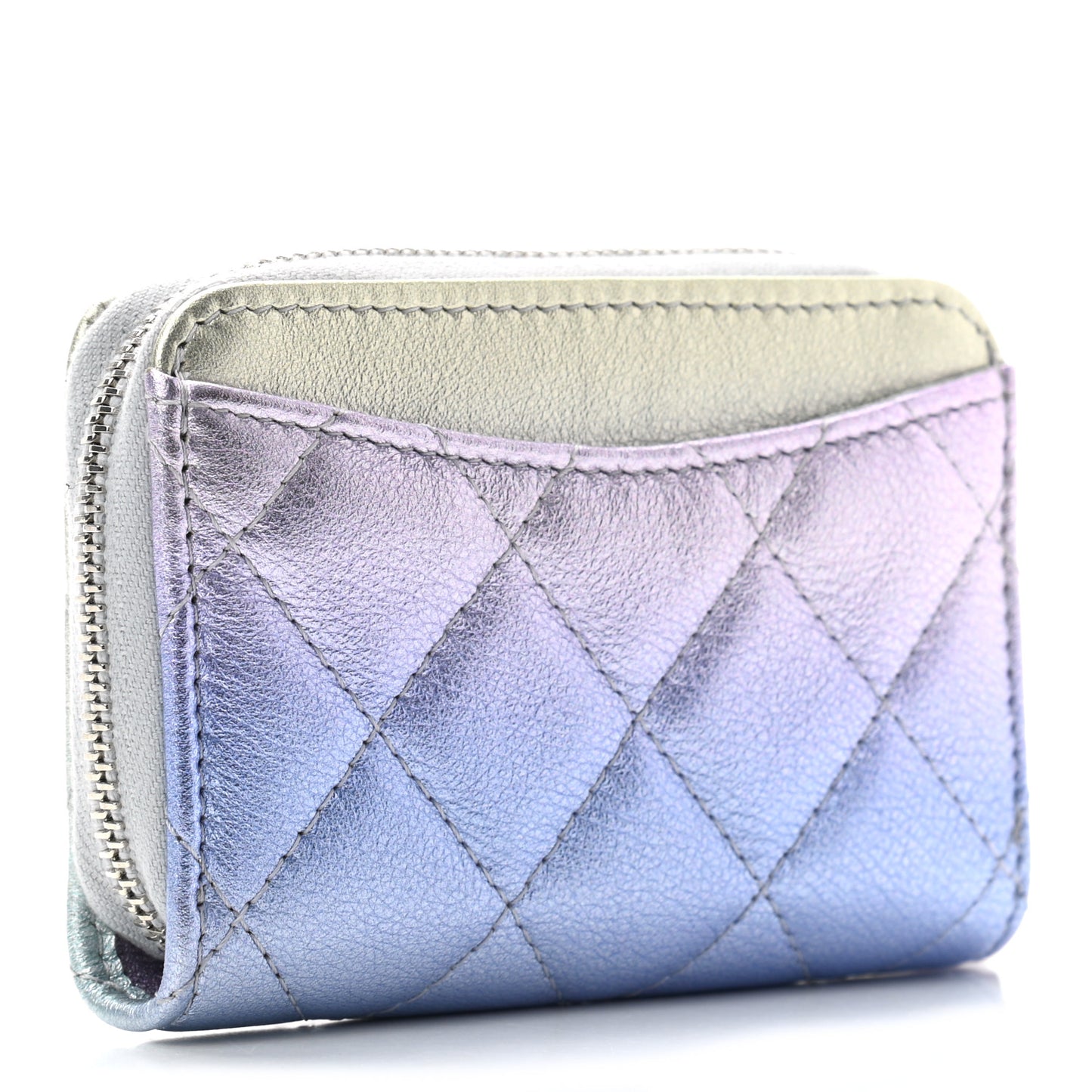 Gradient Metallic Calfskin Quilted Zip Around Coin Purse Wallet Silver Blue Yellow Purple