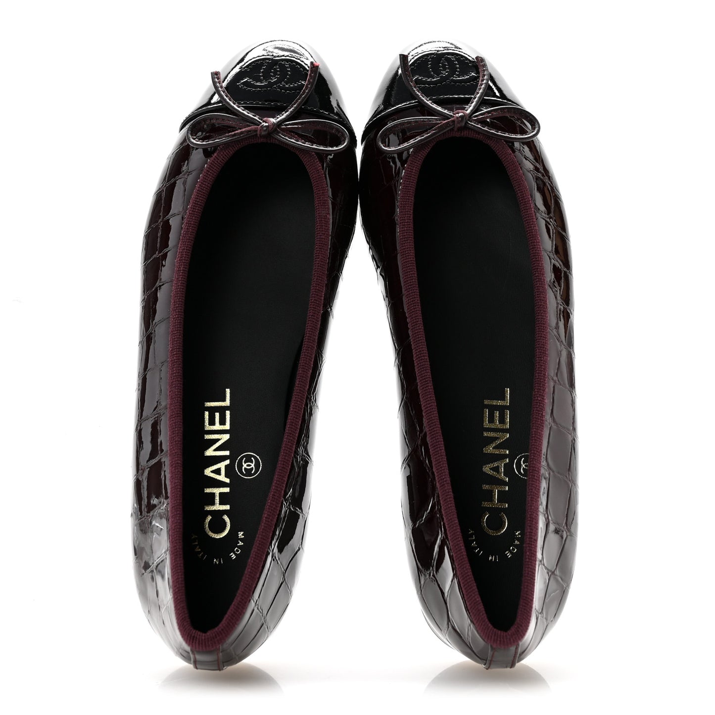 Crocodile Embossed Patent Cap Toe Ballerina Flats 36.5 Dark Burgundy Black