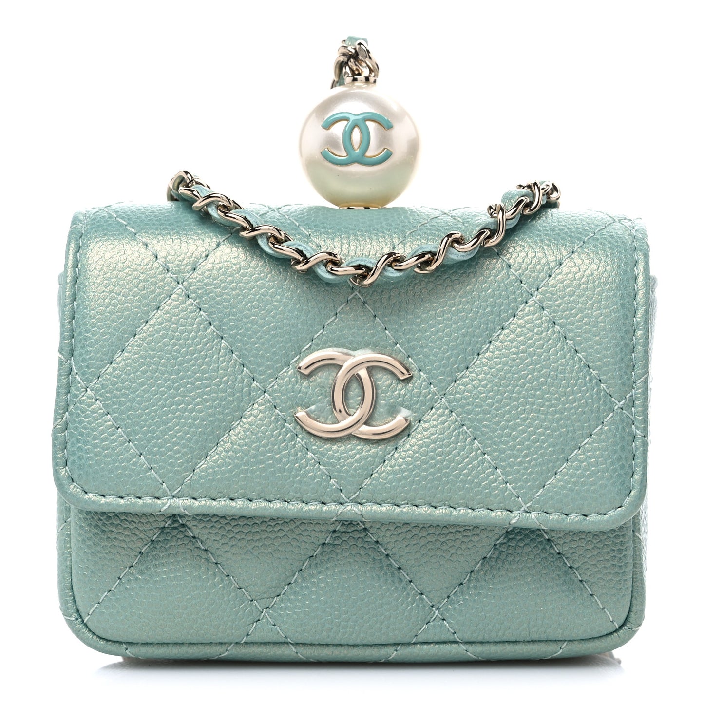 Iridescent Caviar Quilted Pearl On Top Coin Purse With Chain Light Green