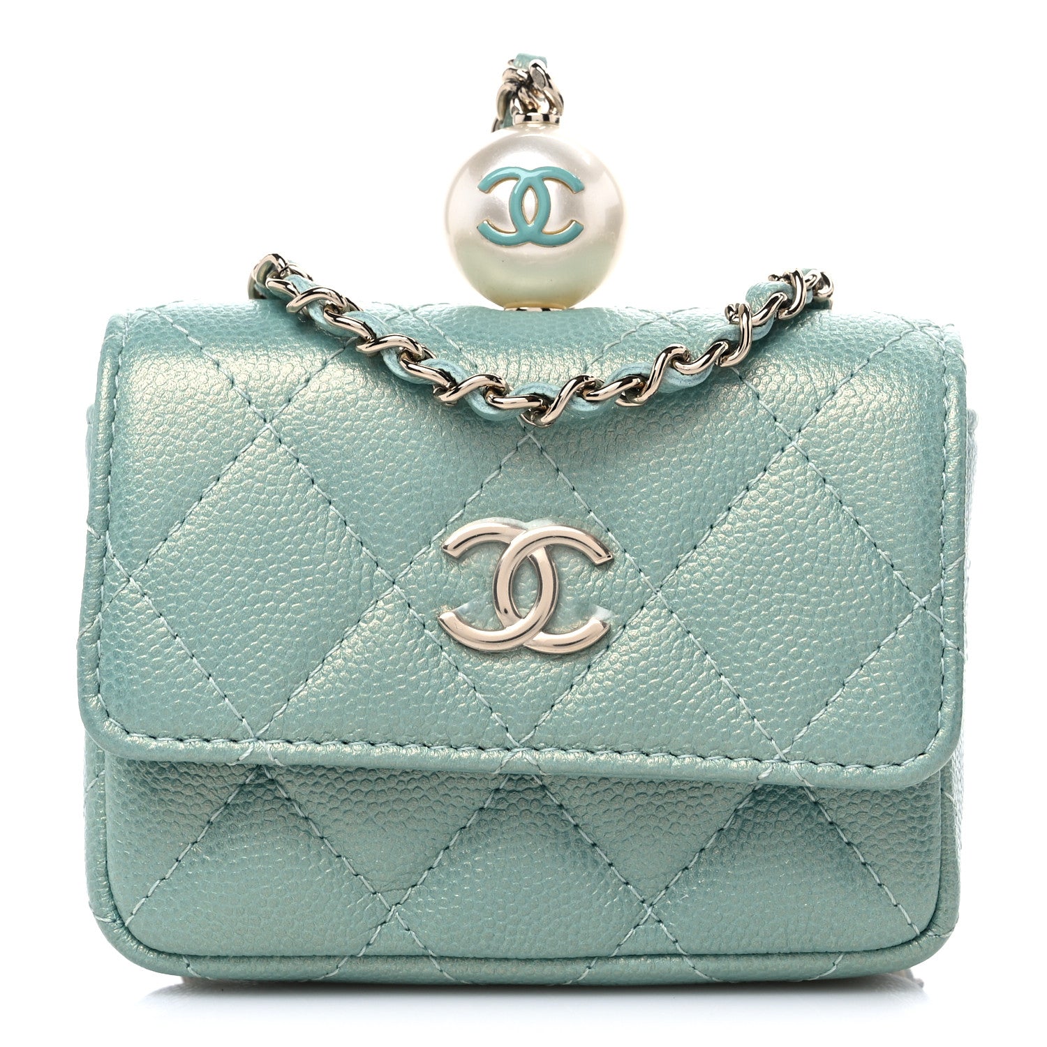Chanel Iridescent Caviar Quilted Pearl On Top Coin Purse With Chain Light Green 1 of 11
