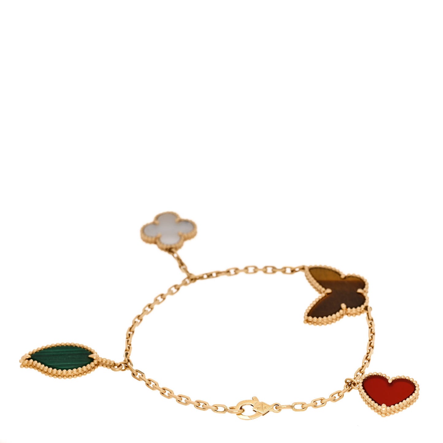 18K Yellow Gold Mother of Pearl Malachite Carnelian Tiger Eye 4 Motifs Lucky Alhambra Bracelet