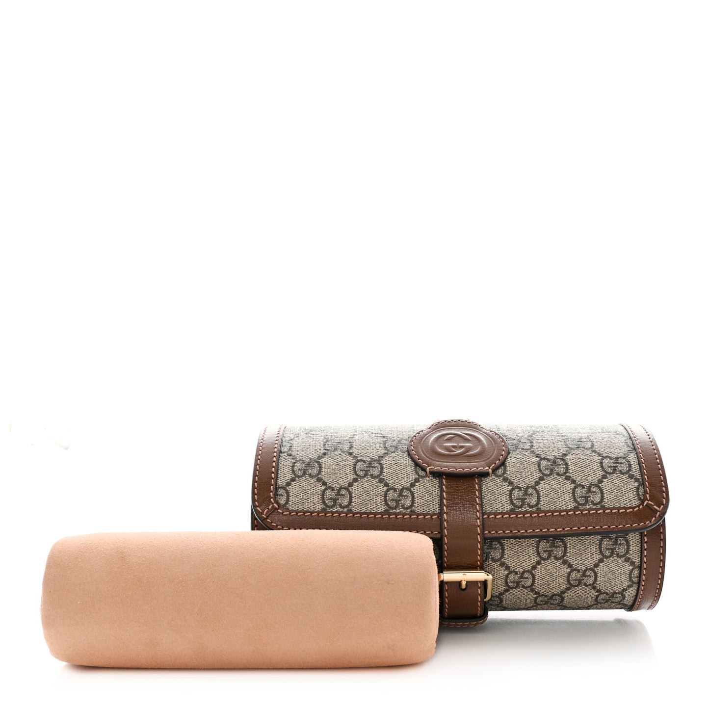 GG Supreme Monogram Calfskin Watch Travel Case Beige Ebony Brown Sugar