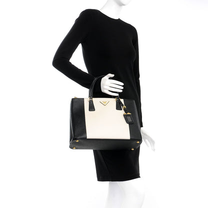 Prada Saffiano Lux Colorblock Medium Galleria Double Zip Tote Black Talco 3 of 9