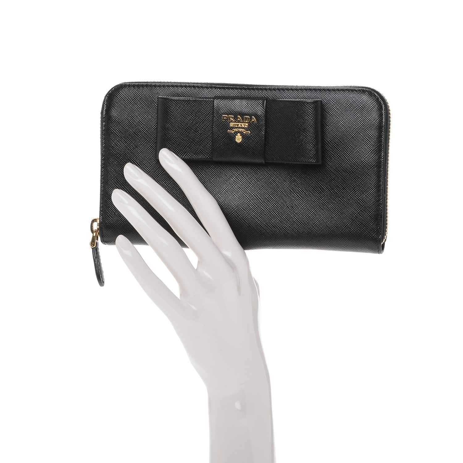 Prada Saffiano Fiocco Bow Zip Around Wallet Black 2 of 6