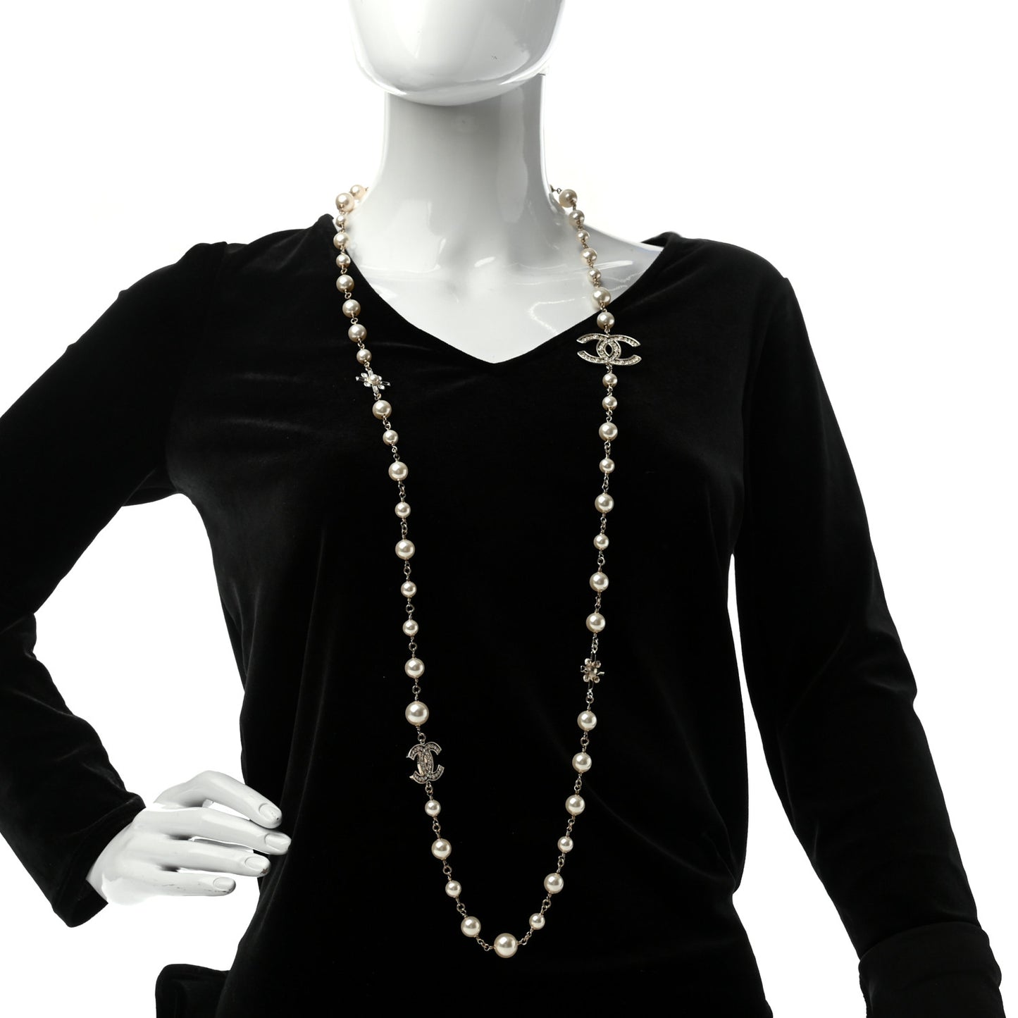 Crystal Pearl CC Long Necklace Gold
