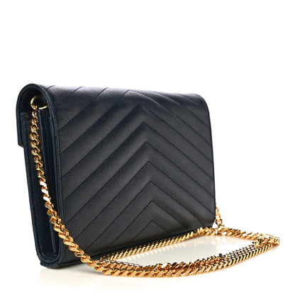 Saint Laurent Grain De Poudre Matelasse Chevron Monogram Chain Wallet Deep Marine 2 of 9