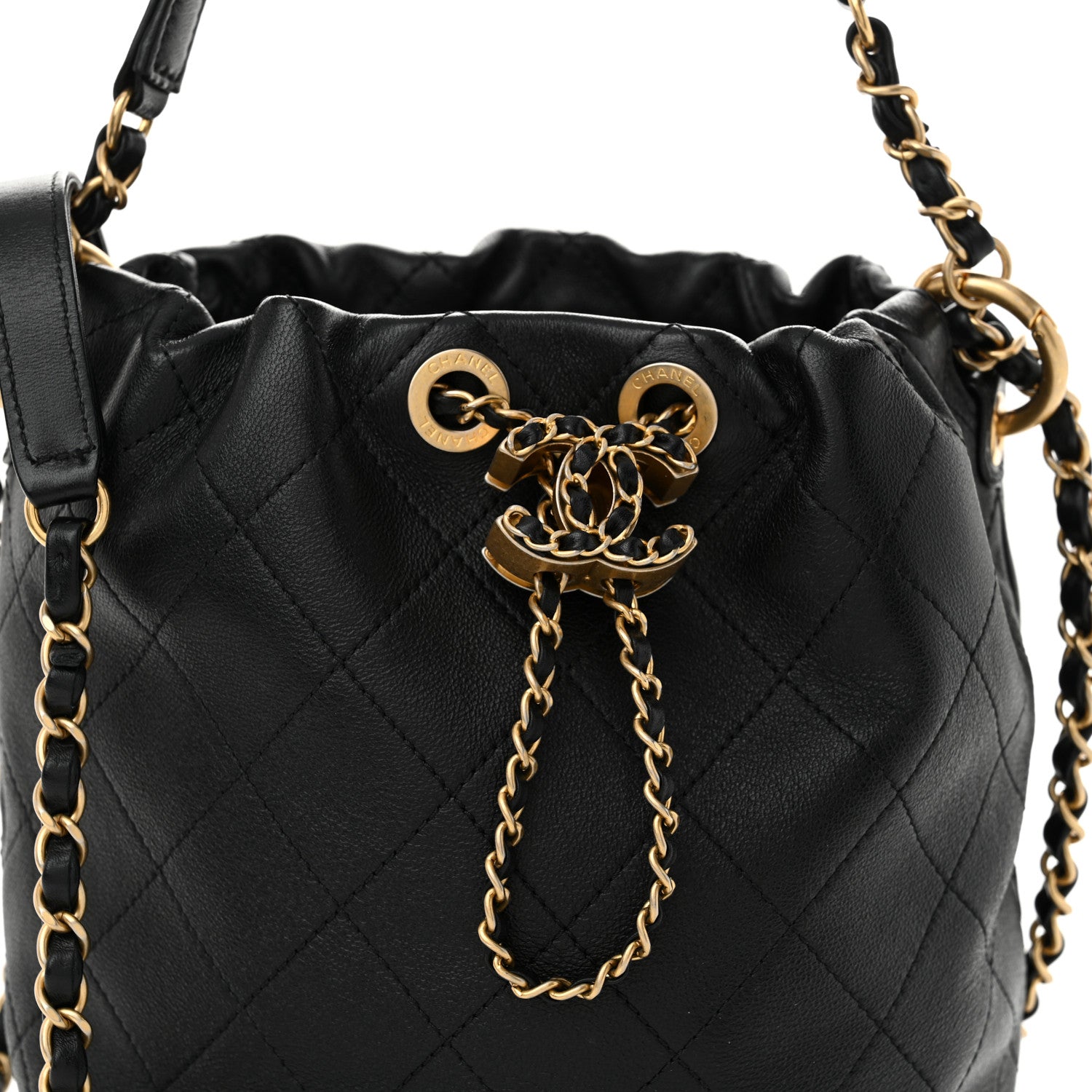 CHANEL 【正規品】バケツ型バッグ Chanel Lambskin Stitched Drawstring Bucket Bag Black 1722498