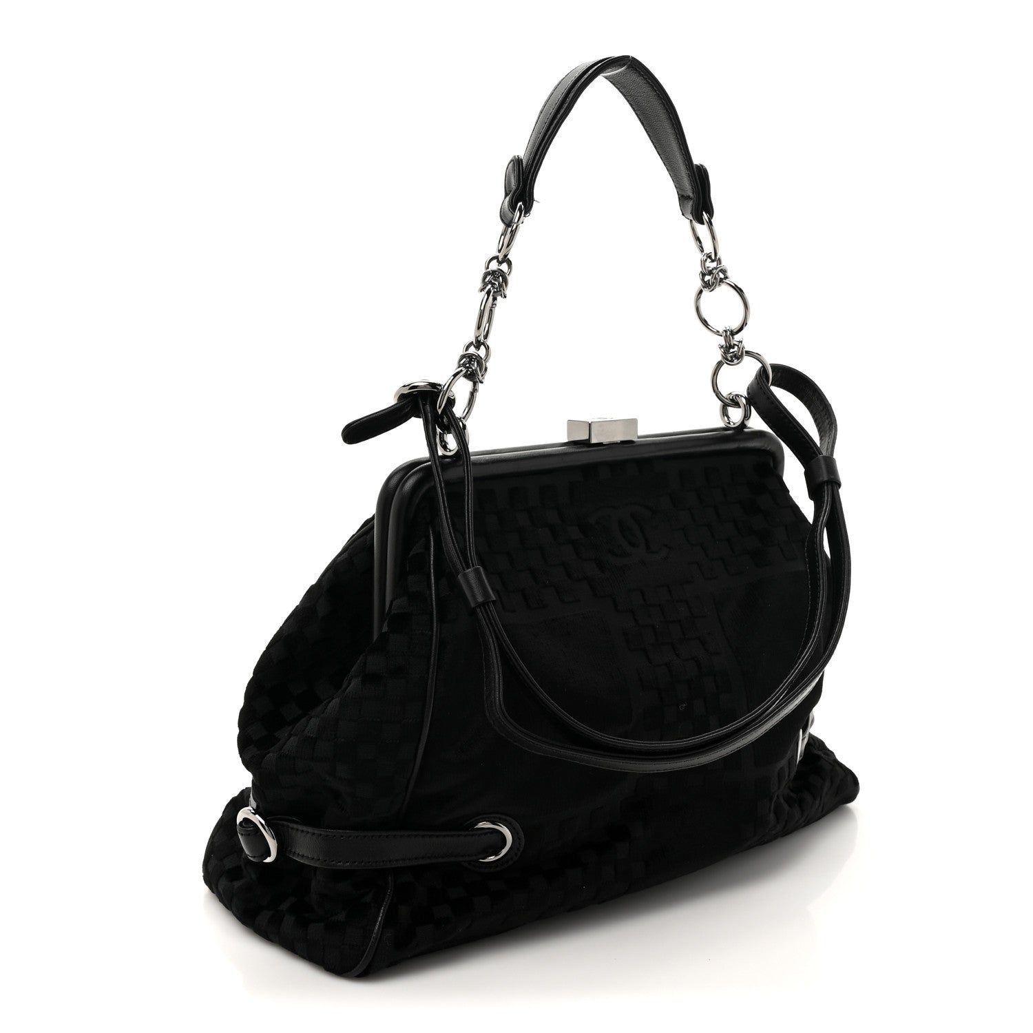 Chanel Velvet Checkered Kiss Lock Shoulder Bag Black 1759851