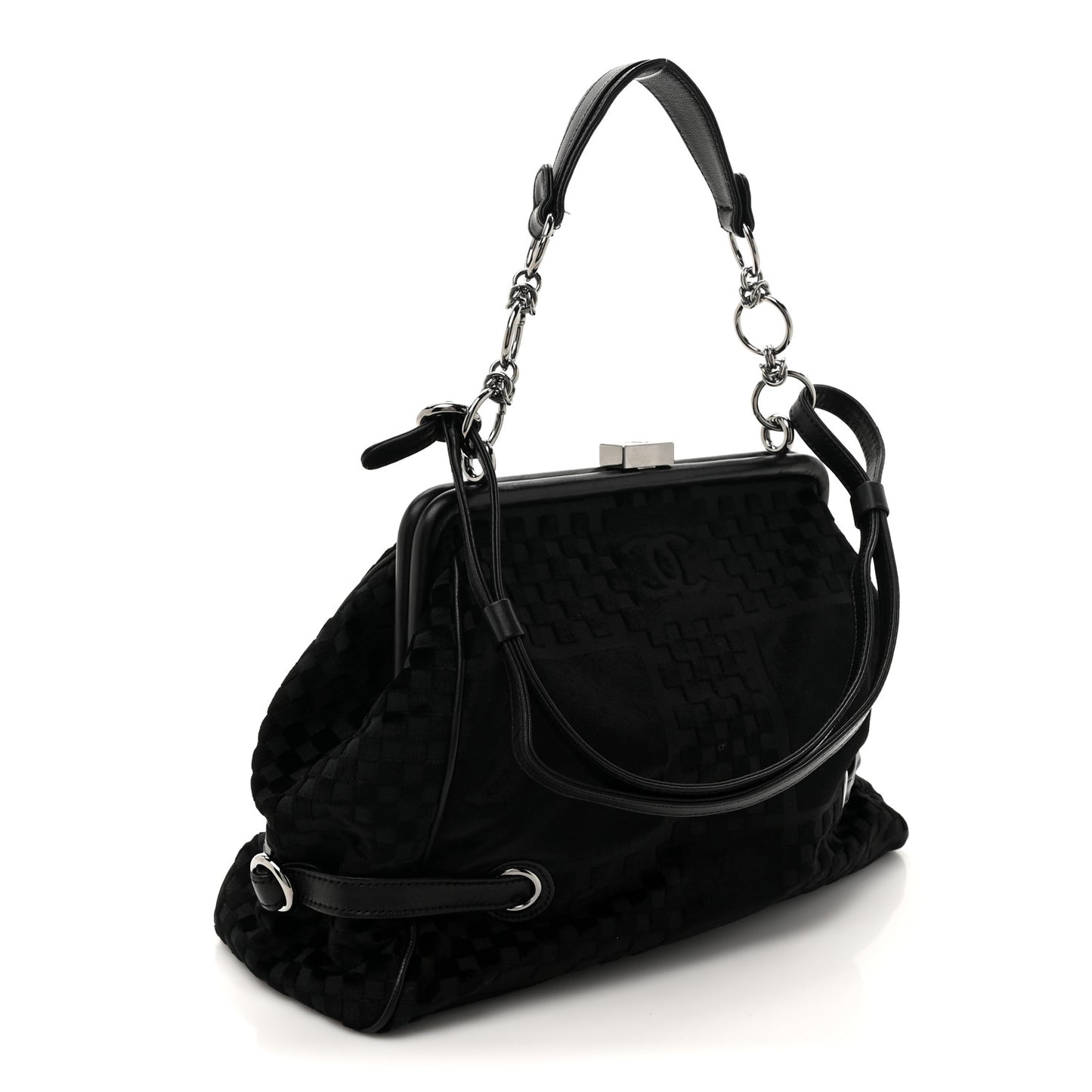 Velvet Checkered Kiss Lock Shoulder Bag Black