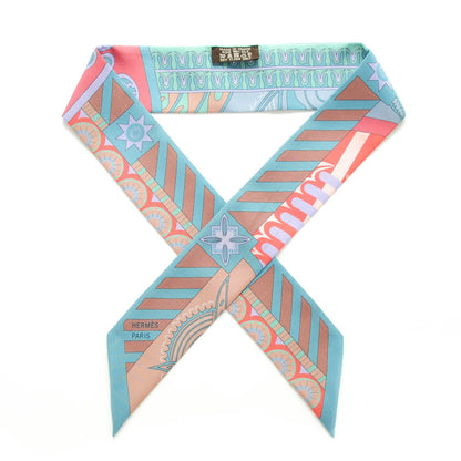 Hermes Silk Geometrie Cretoise Twilly Bleu Gris Corail 1 of 5