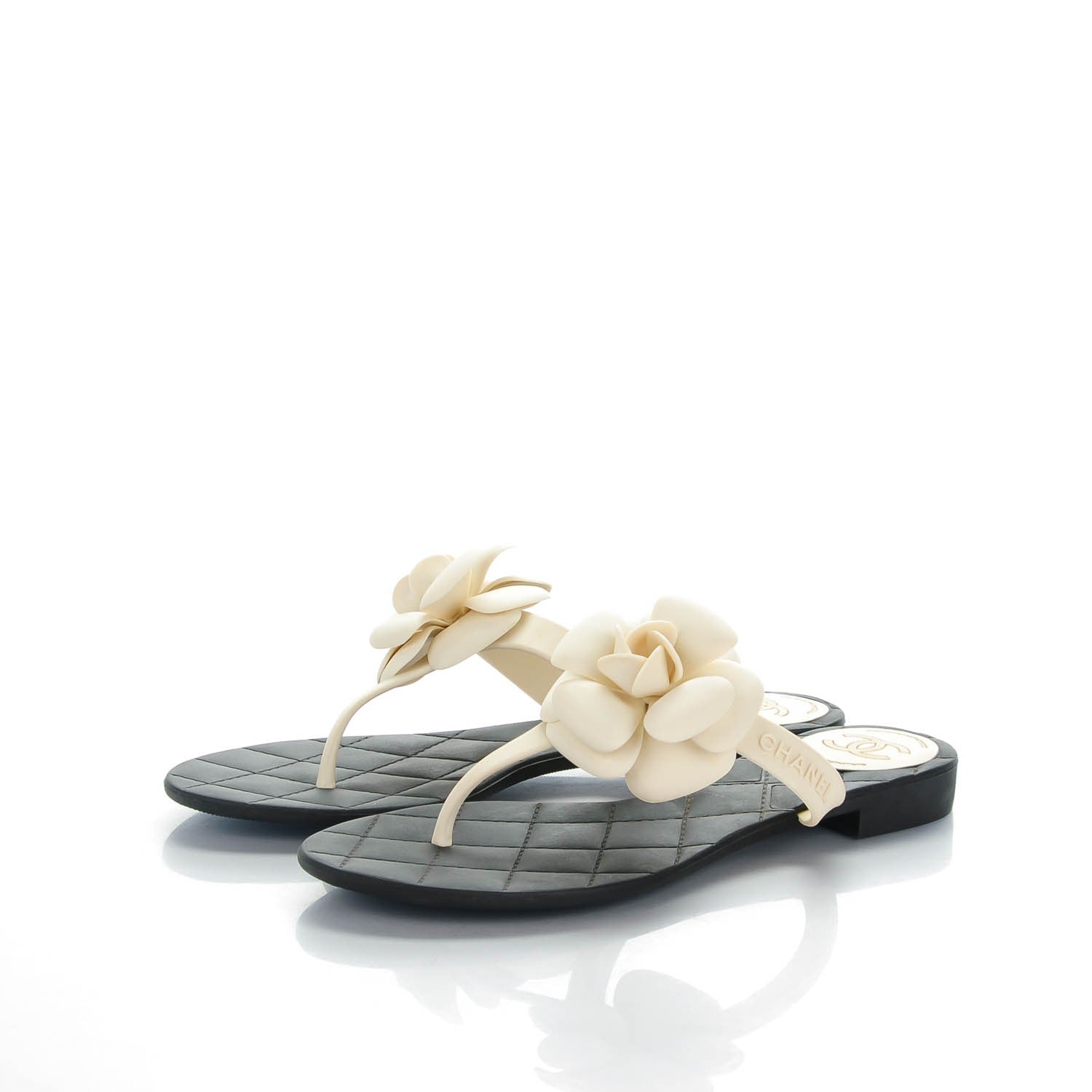 Chanel Jelly Quilted Camellia Thong Sandals 39 Black White 3 of 6