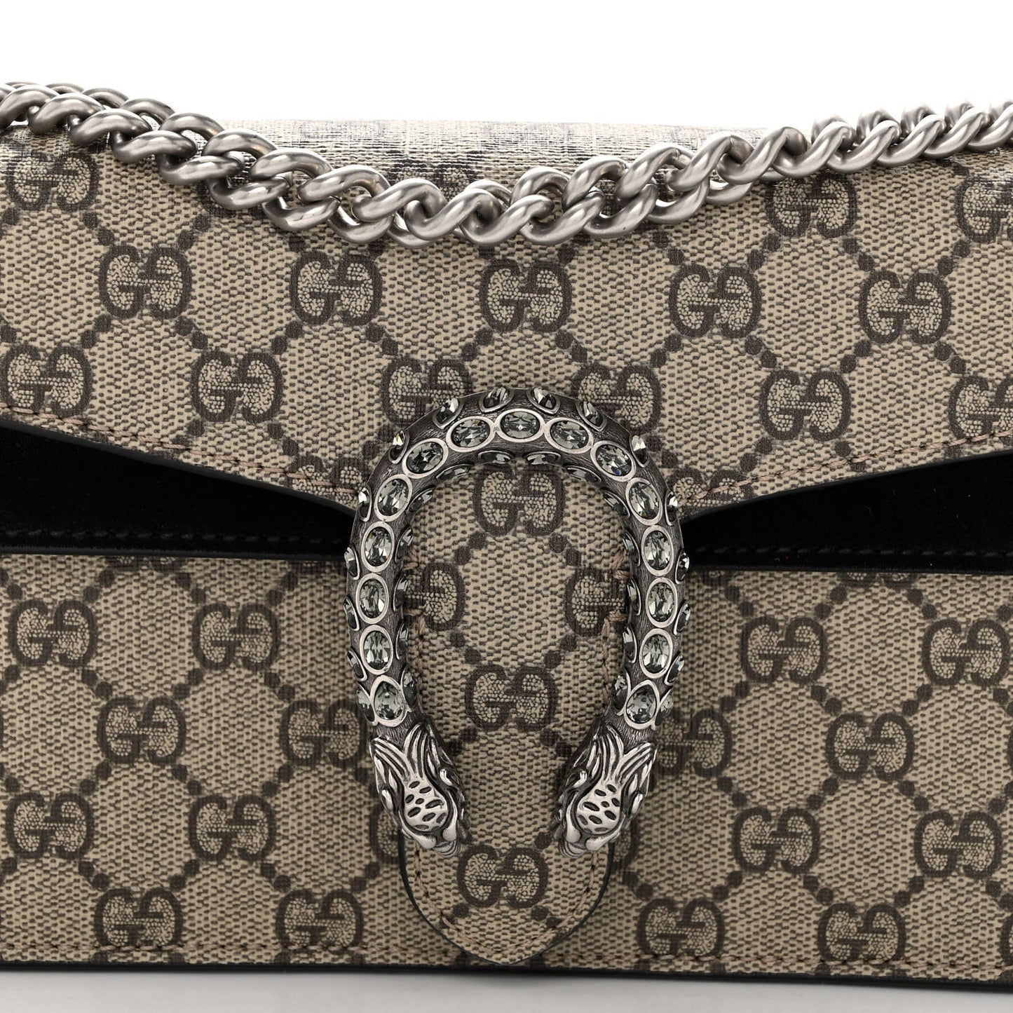 GG Supreme Monogram Suede Crystal Small Dionysus Shoulder Bag Beige Ebony Black
