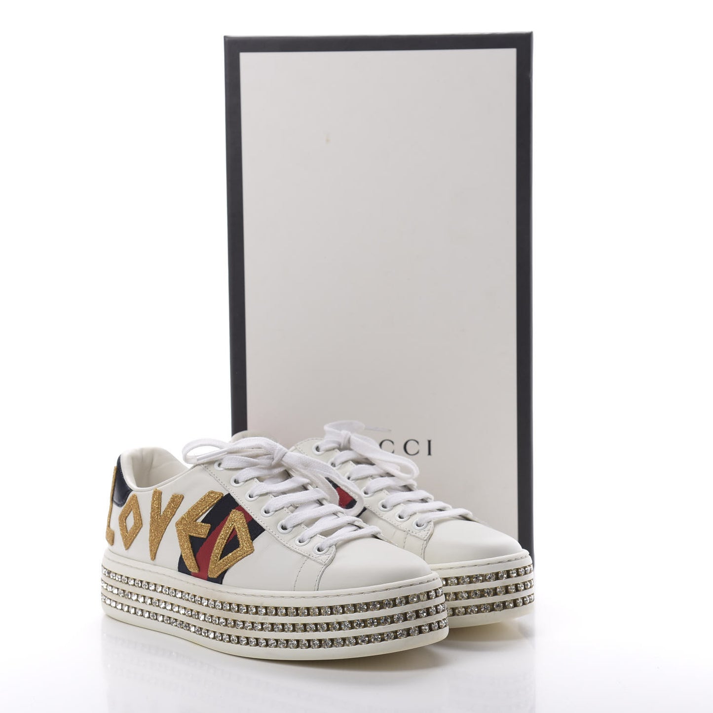 Calfskin Crystal Web LOVED Embroidered Womens Ace Platform Sneakers 36 White Red Flame Notte