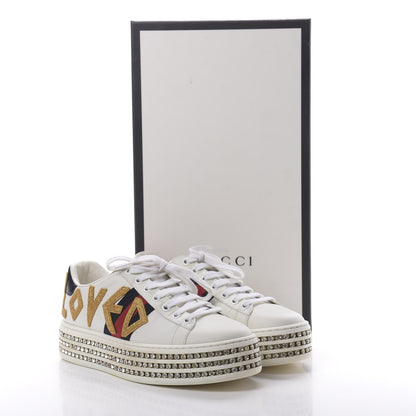 Gucci Calfskin Crystal Web LOVED Embroidered Womens Ace Platform Sneakers 36 White Red Flame Notte 11 of 11