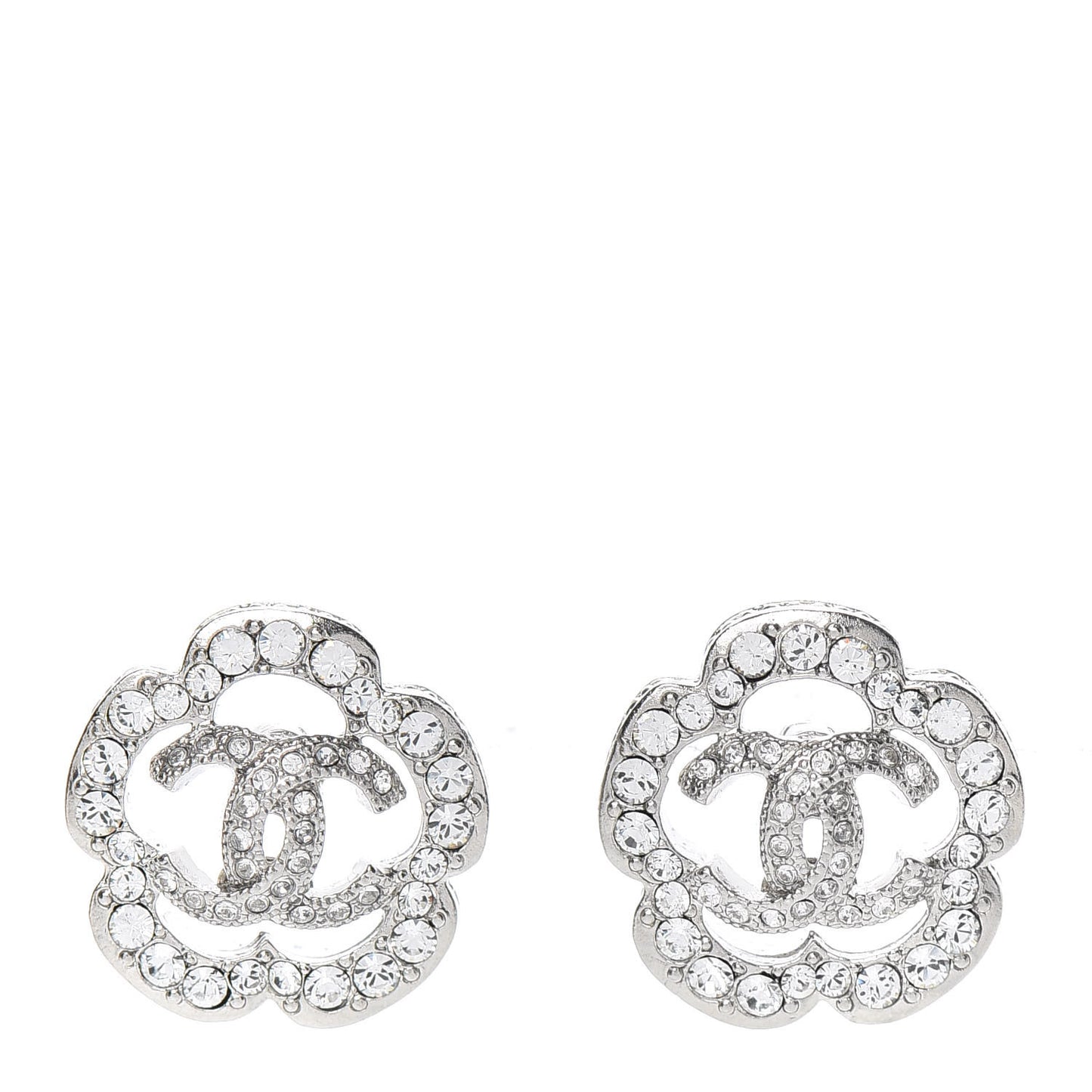 Crystal Coco Flapper Camellia CC Stud Earrings Silver
