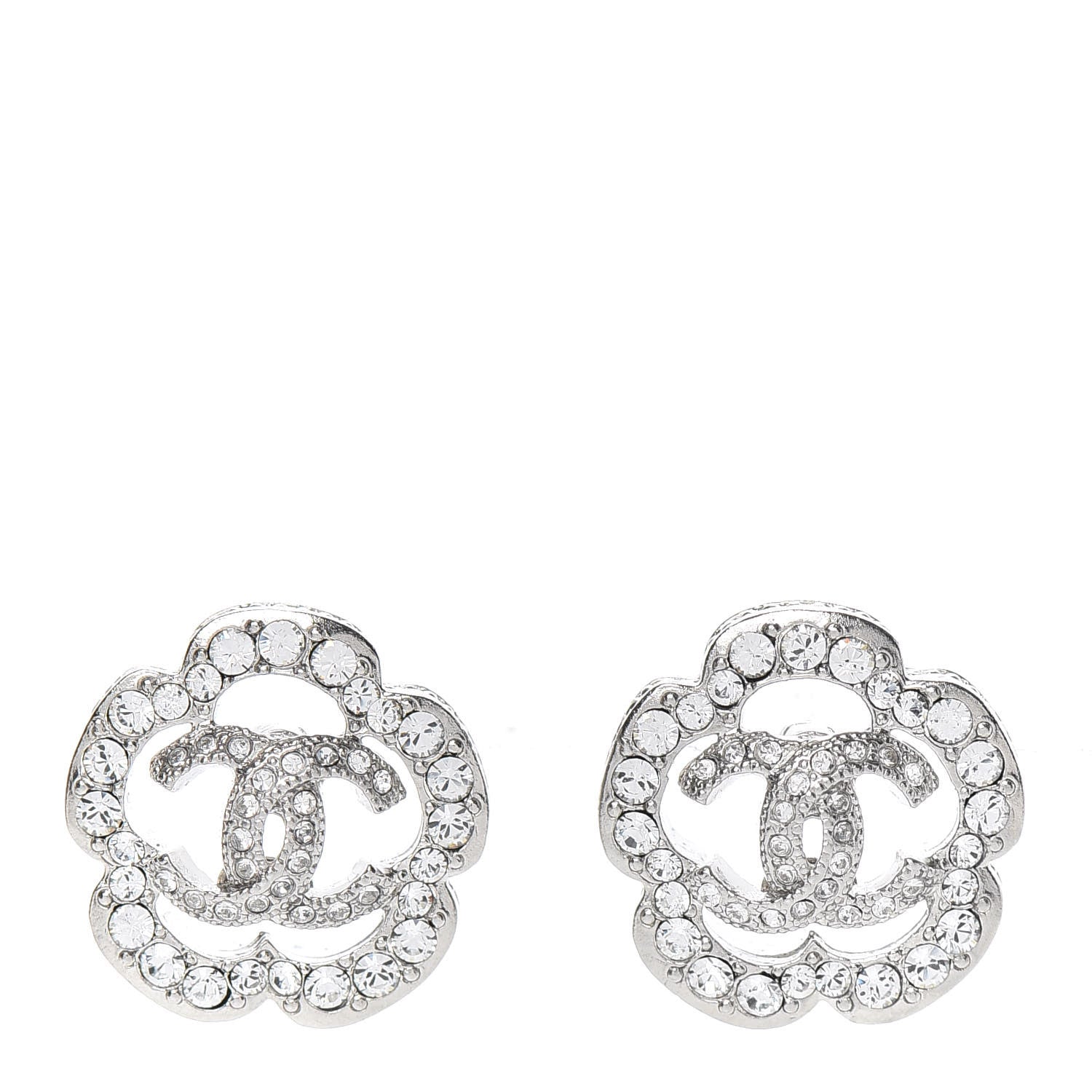 Chanel Crystal Coco Flapper Camellia CC Stud Earrings Silver 1 of 4