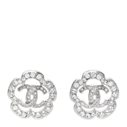 Chanel Crystal Coco Flapper Camellia CC Stud Earrings Silver 1 of 4