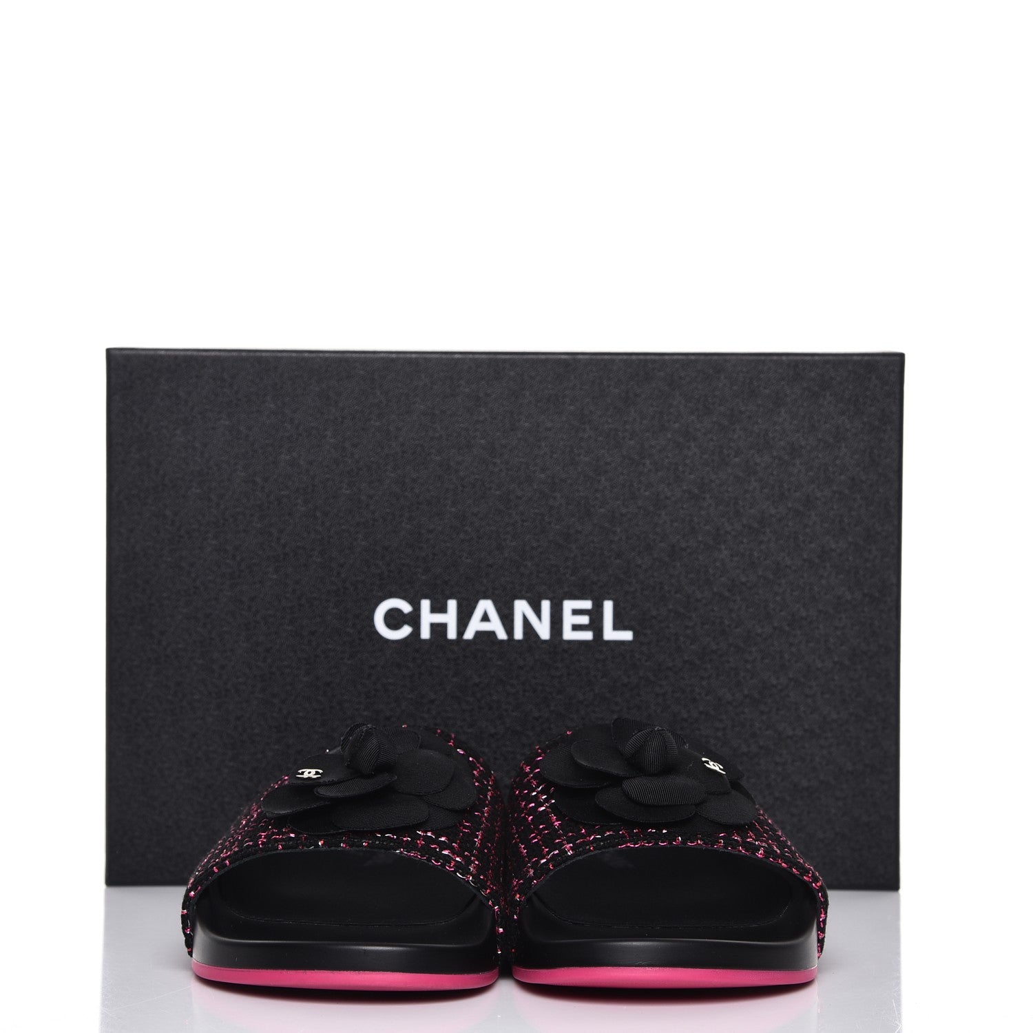 Chanel Tweed Grosgrain Camellia CC Flat Mules 41 Black Pink 10 of 10