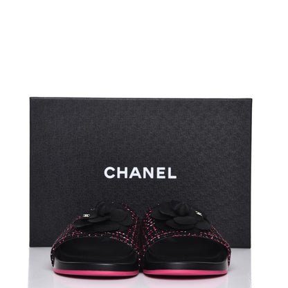 Chanel Tweed Grosgrain Camellia CC Flat Mules 41 Black Pink 10 of 10