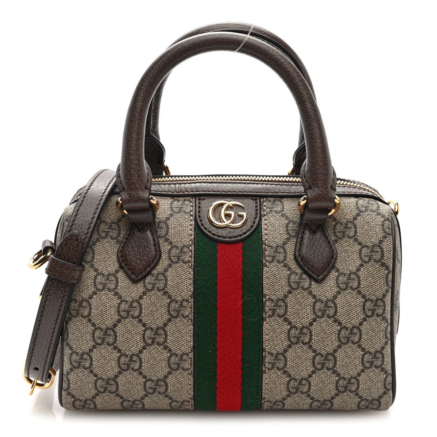 Gucci GG Supreme Monogram Textured Dollar Calfskin Web  Ophidia Top Handle Bag Beige Dark Brown 1 of 9