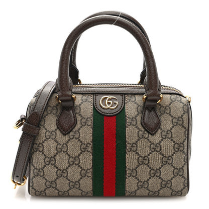 Gucci GG Supreme Monogram Textured Dollar Calfskin Web  Ophidia Top Handle Bag Beige Dark Brown 1 of 9