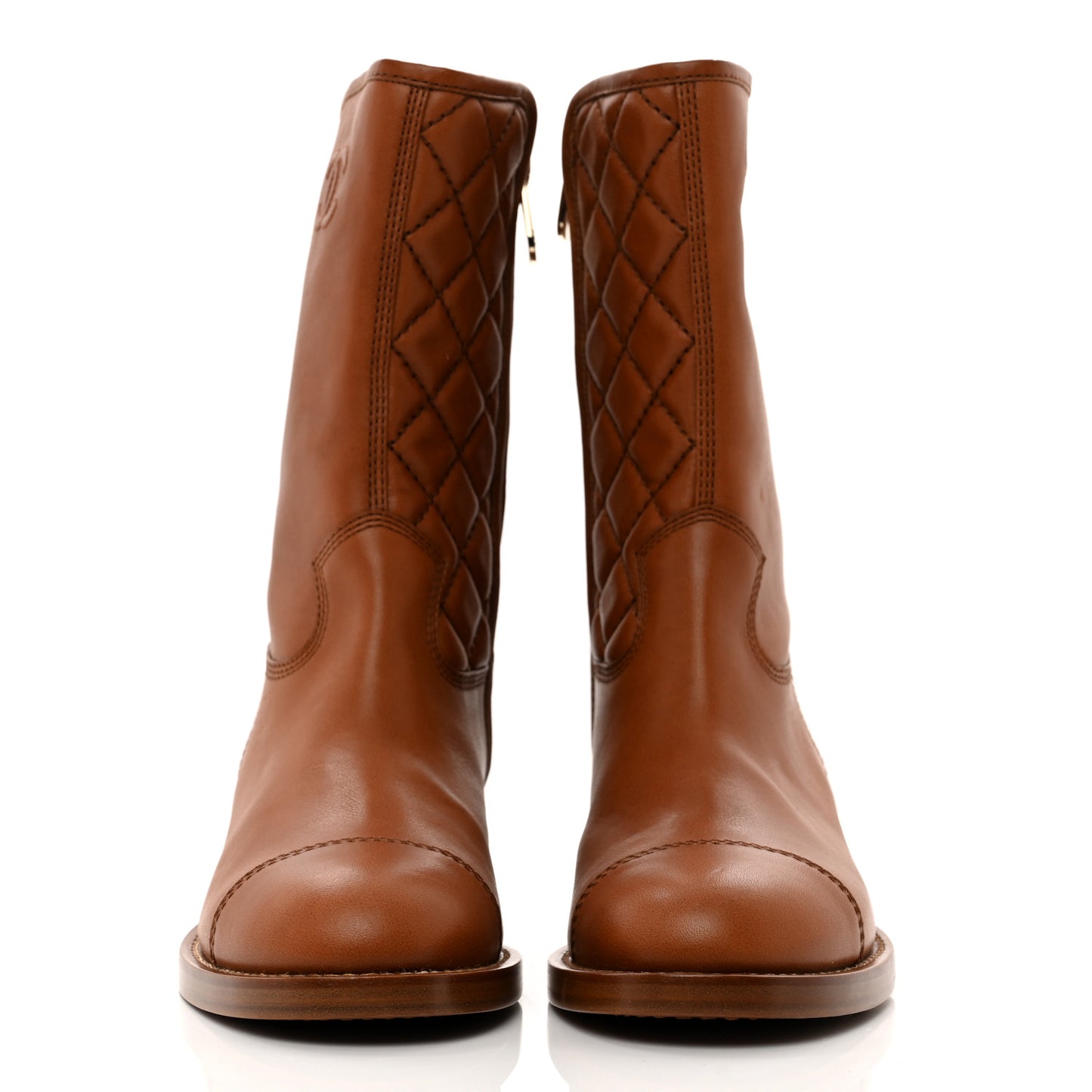 Calfskin CC Logo Mid Calf Boots 38.5 Caramel