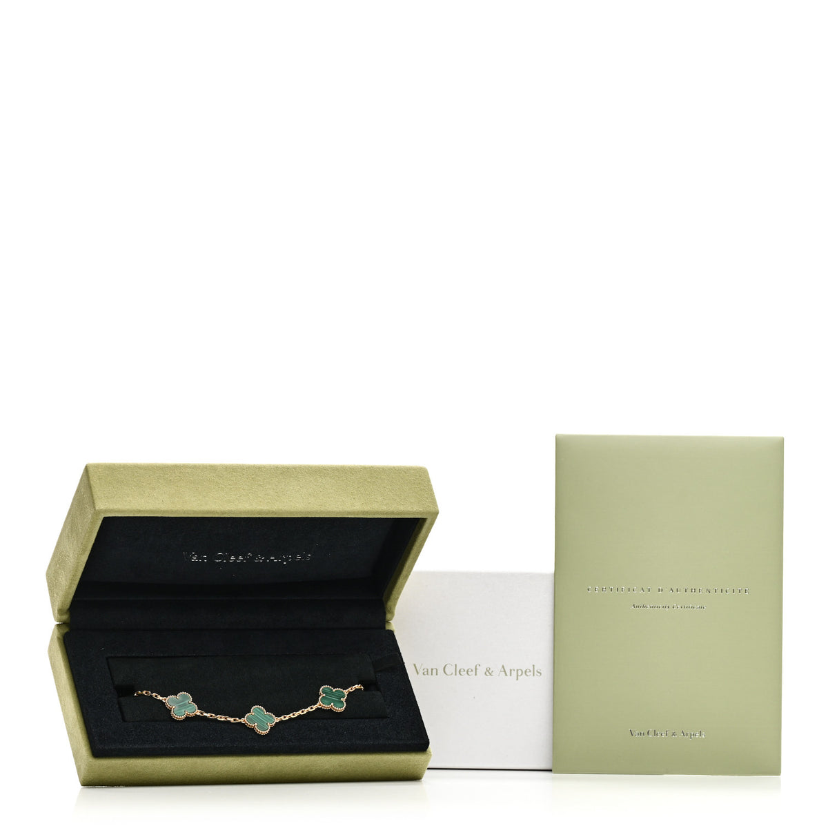 18K Yellow Gold Malachite 5 Motifs Vintage Alhambra Bracelet