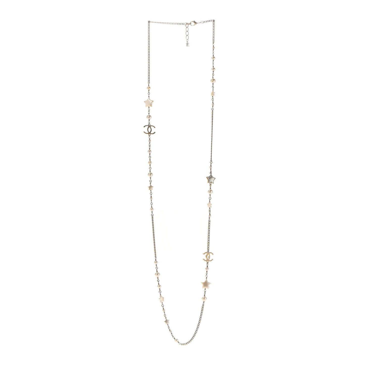 Metal Resin Pearl Star CC Necklace Gold