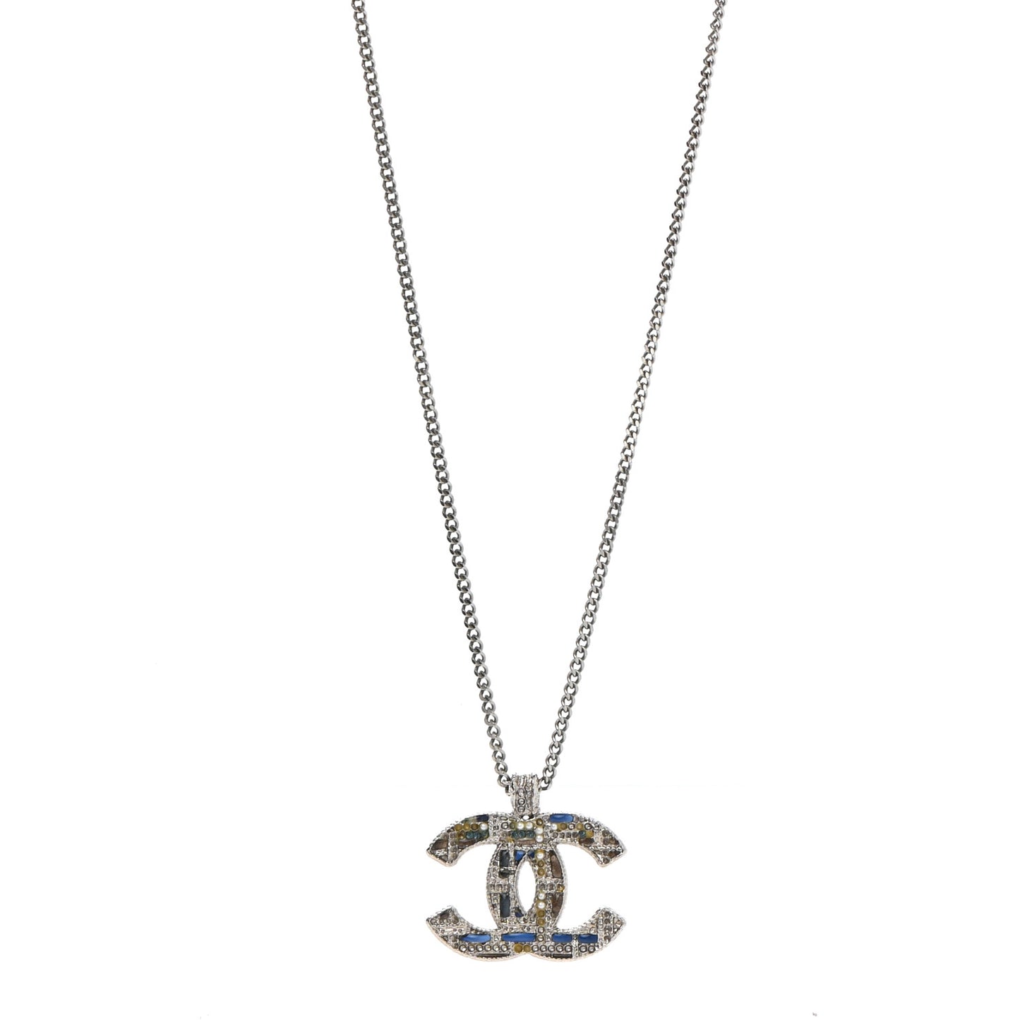 Crystal Pearl Tweed Effect CC Necklace Blue White