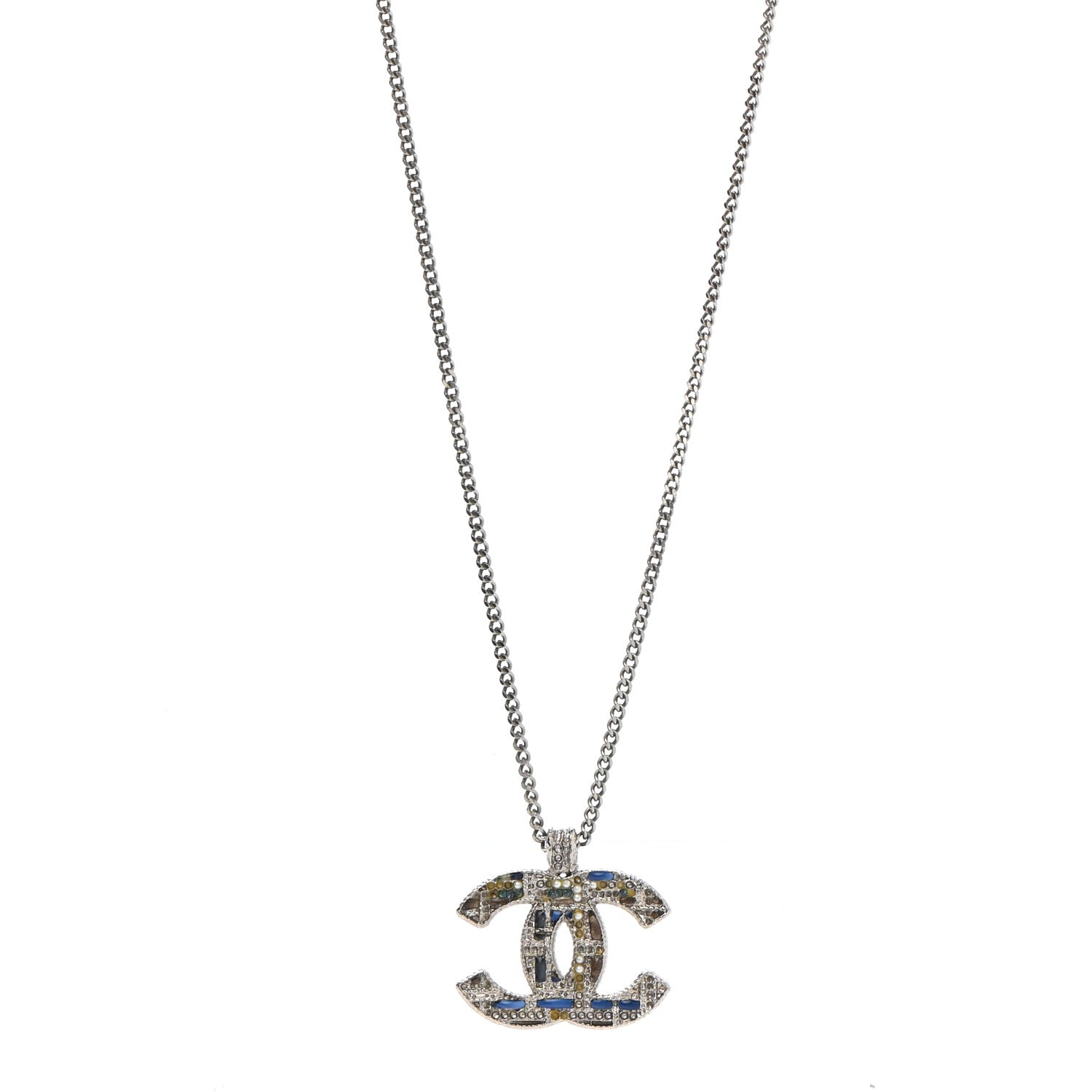 Chanel Crystal Pearl Tweed Effect CC Necklace Blue White 1 of 6